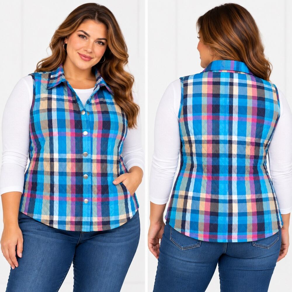 Company Collection Womens Blue Multicolor Plaid Button Front Sleeveless Vest XL